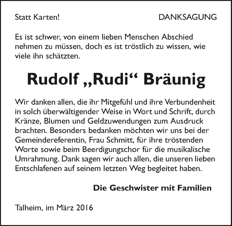  Traueranzeige für Rudolf Bräunig vom 29.03.2016 aus 