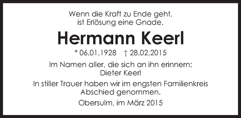  Traueranzeige für Hermann Keerl vom 14.03.2015 aus 