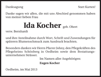 Traueranzeige von Ida Kocher 