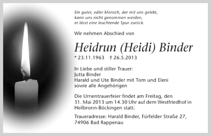  Traueranzeige für Heidrun Heidi Binder vom 28.05.2013 aus 