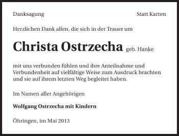 Traueranzeige von Christa Ostrzecha 