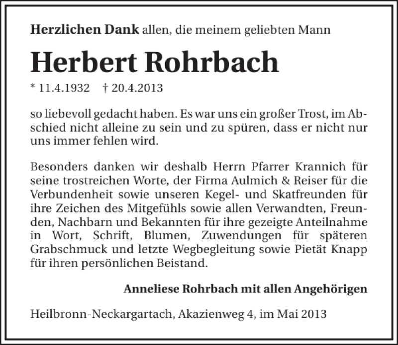  Traueranzeige für Herbert Rohrbach vom 29.05.2013 aus 