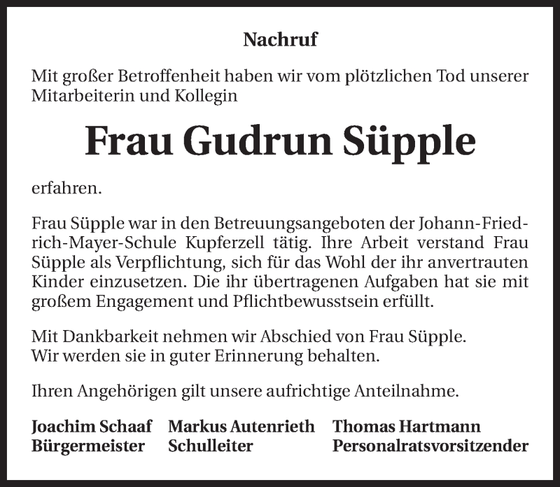  Traueranzeige für Gudrun Süpple vom 31.03.2015 aus 