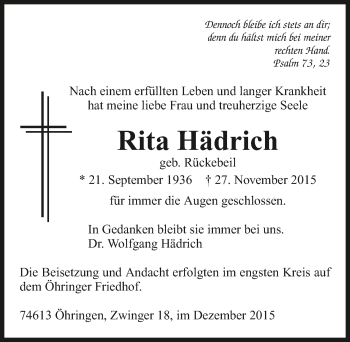 Traueranzeige von Rita Hädrich 