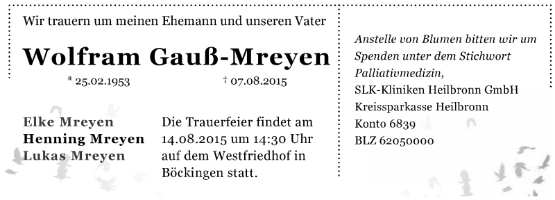  Traueranzeige für Wolfram Gauß-Mreyen vom 11.08.2015 aus 