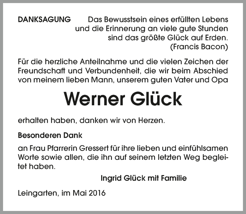  Traueranzeige für Werner Glück vom 14.05.2016 aus 
