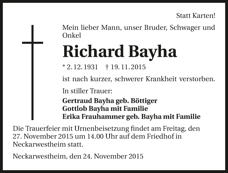  Traueranzeige für Richard Bayha vom 24.11.2015 aus 