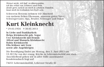 Traueranzeige von Kurt Kleinknecht 