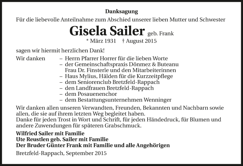  Traueranzeige für Gisela Sailer vom 05.09.2015 aus 