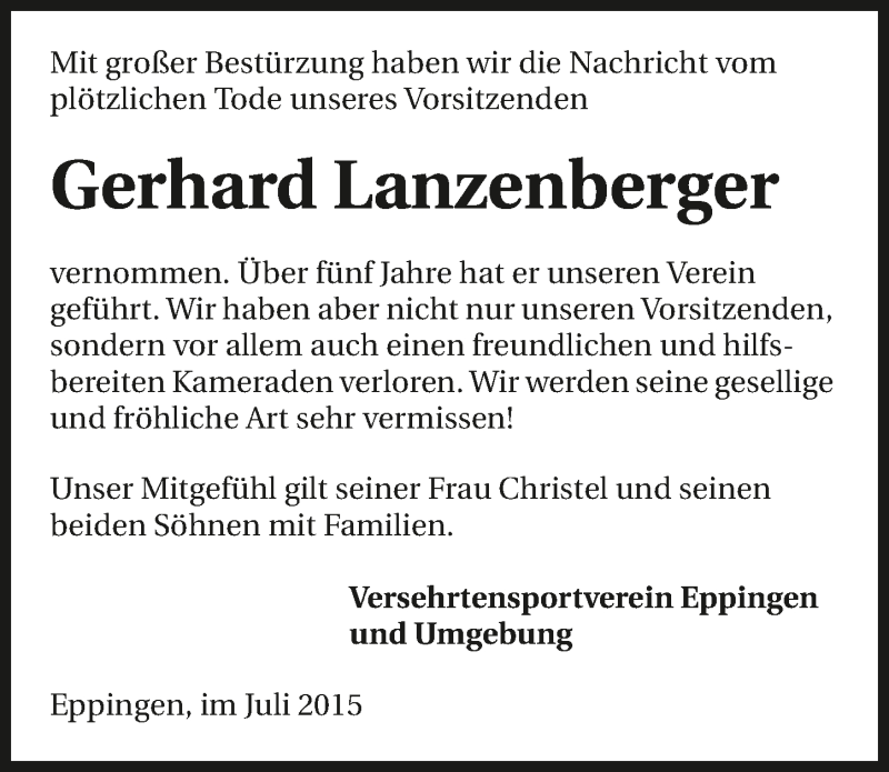  Traueranzeige für Gerhard Lanzenberger vom 29.07.2015 aus 