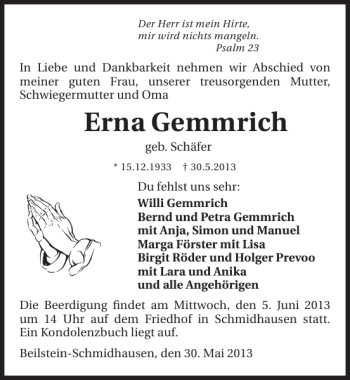 Traueranzeige von Erna Gemmrich 