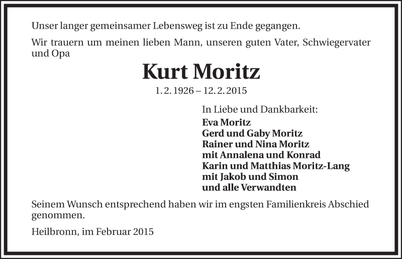  Traueranzeige für Kurt Moritz vom 21.02.2015 aus 