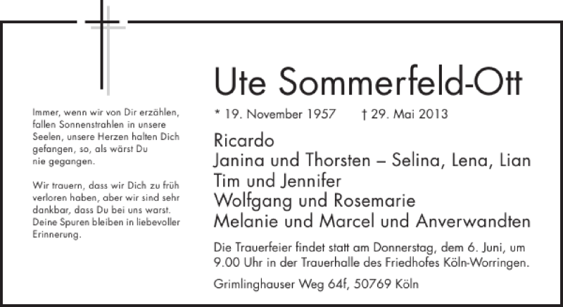 Traueranzeige für Ute Sommerfeld-Ott vom 04.06.2013 aus 