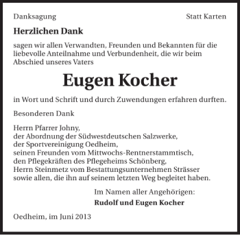 Traueranzeige von Eugen Kocher 
