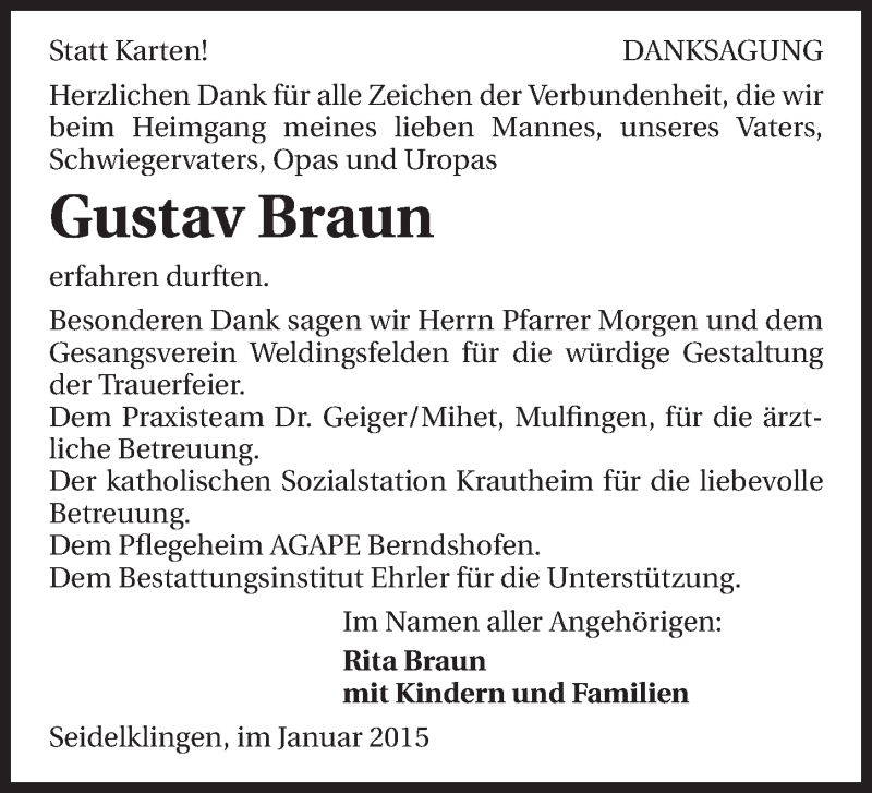  Traueranzeige für Gustav Braun vom 06.02.2015 aus 
