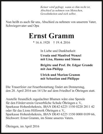 Traueranzeige von Ernst Gramm 