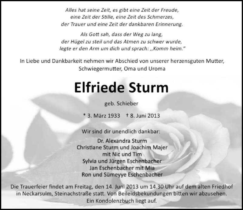  Traueranzeige für Elfriede Sturm vom 11.06.2013 aus 