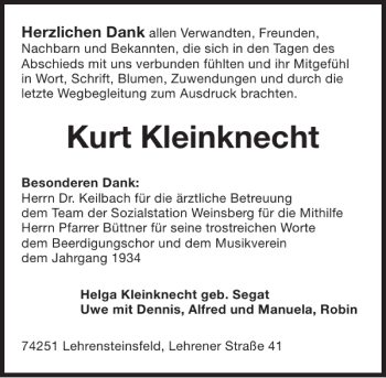Traueranzeige von Kurt Kleinknecht 