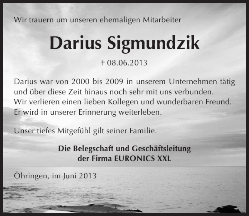  Traueranzeige für Darius Sigmundzik vom 13.06.2013 aus 