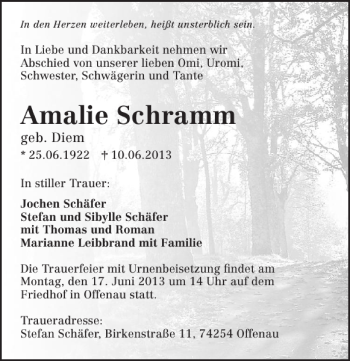 Traueranzeige von Amalie Schramm 