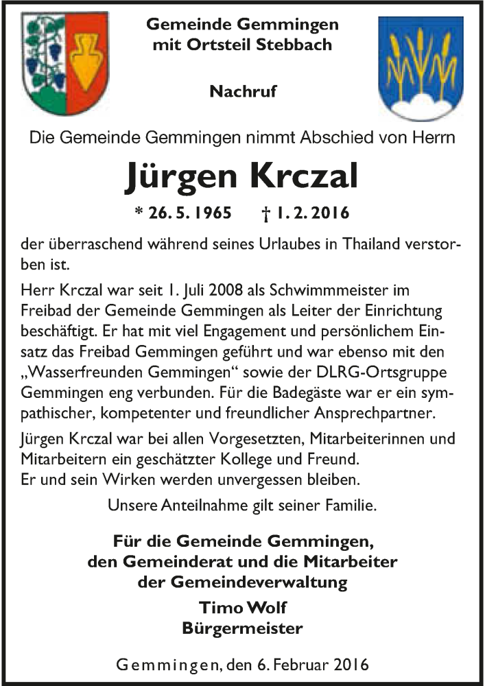  Traueranzeige für Jürgen Krczal vom 06.02.2016 aus 
