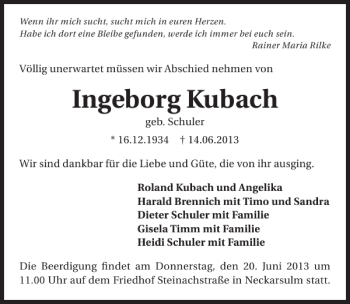 Traueranzeige von Ingeborg Kubach 