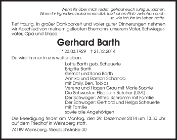 Traueranzeige von Gerhard Barth 