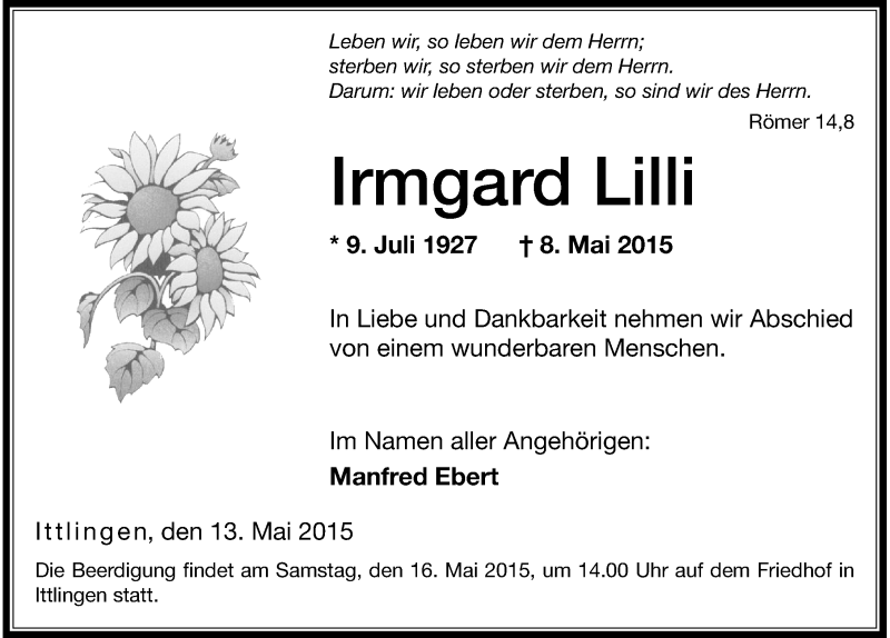  Traueranzeige für Irmgard Lilli vom 13.05.2015 aus 