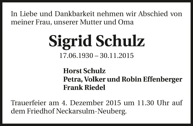  Traueranzeige für Sigrid Schulz vom 02.12.2015 aus 