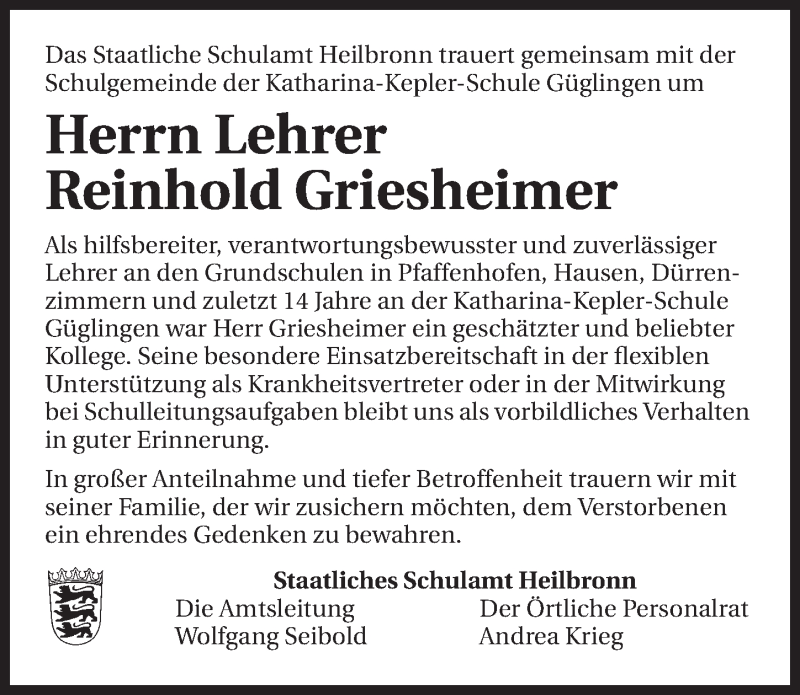 Traueranzeige für Reinhold Griesheimer vom 08.01.2015 aus 