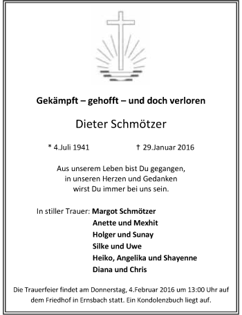Traueranzeige von Dieter Schmötzer 