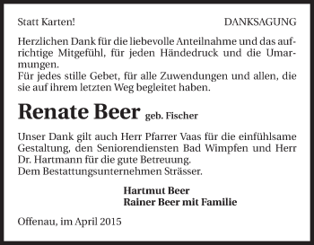 Traueranzeige von Renate Beer 