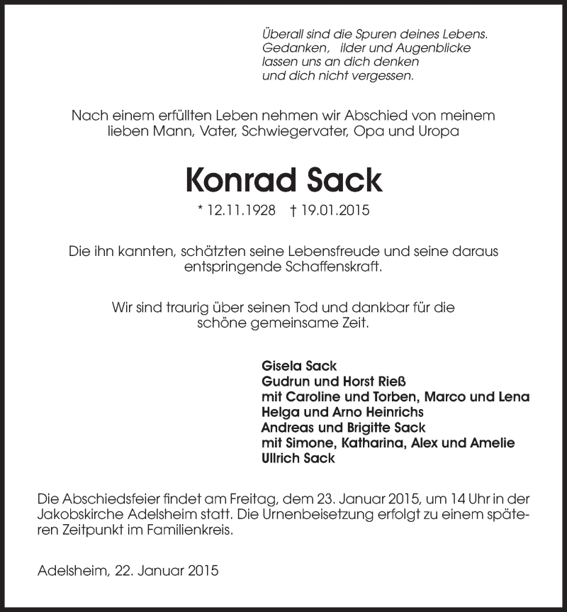  Traueranzeige für Konrad Sack vom 22.01.2015 aus 