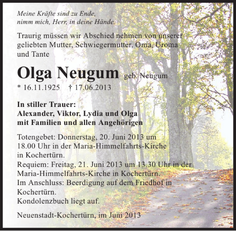  Traueranzeige für Olga Neugum vom 19.06.2013 aus 