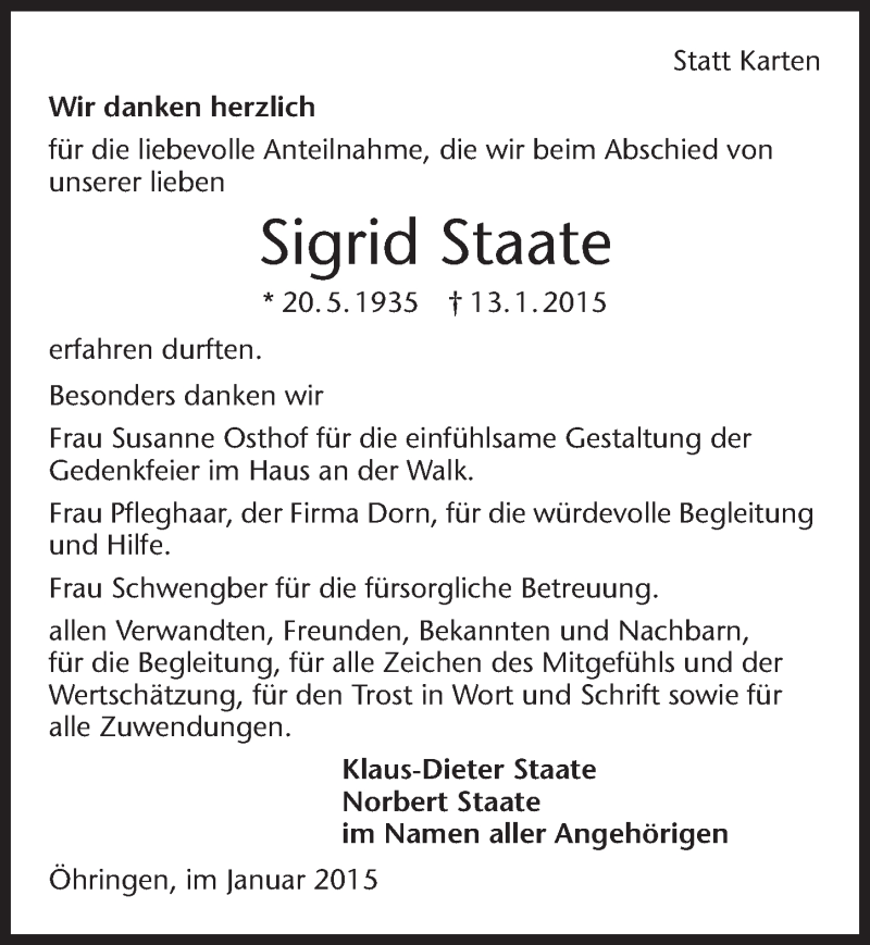  Traueranzeige für Sigrid Staate vom 30.01.2015 aus 