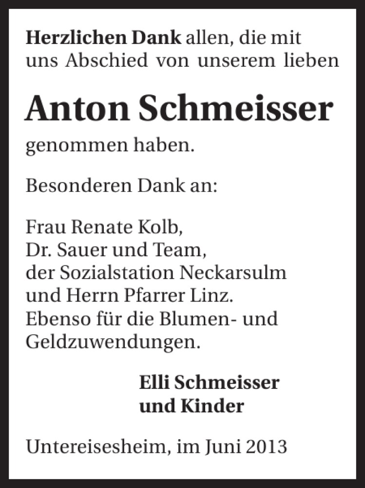  Traueranzeige für Anton Schmeisser vom 22.06.2013 aus 