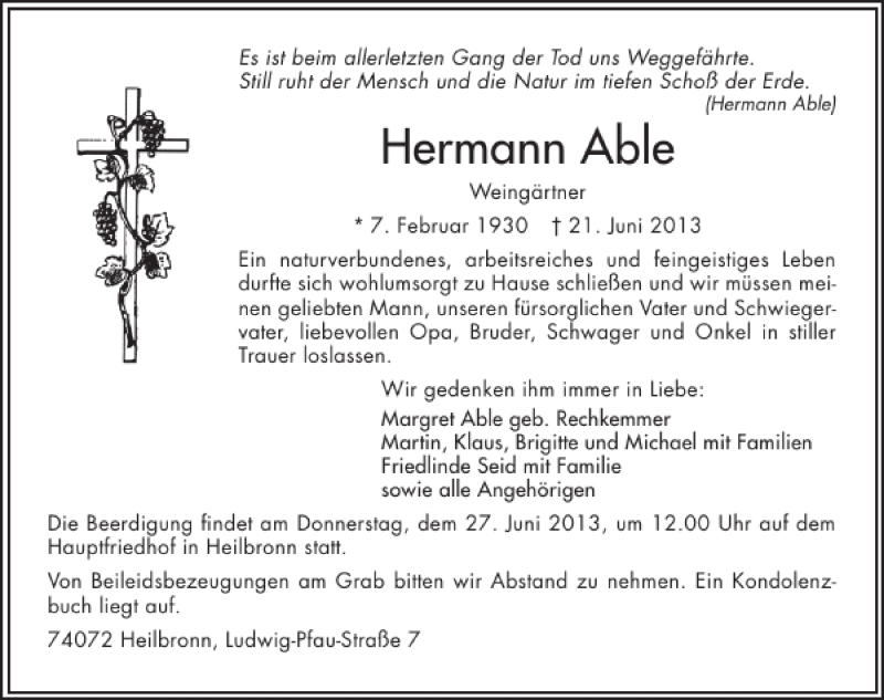  Traueranzeige für Hermann Able vom 22.06.2013 aus 