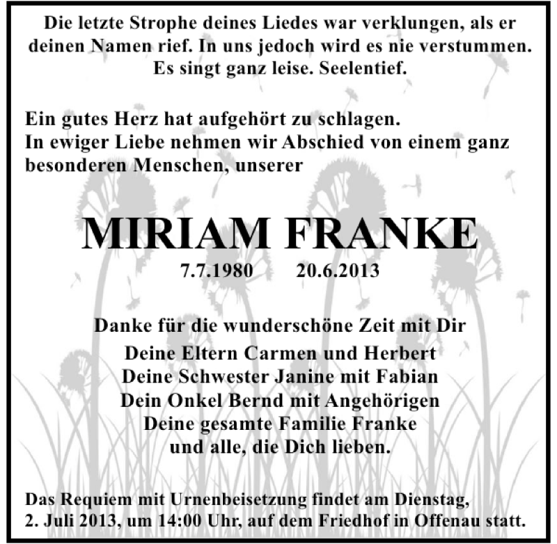  Traueranzeige für Miriam Franke vom 28.06.2013 aus 