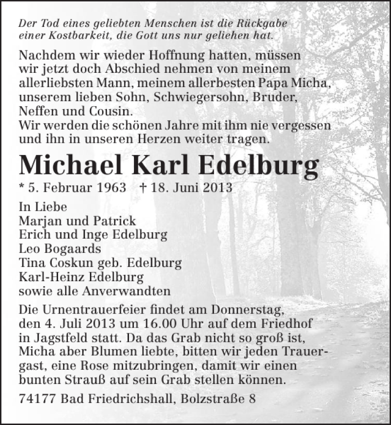  Traueranzeige für Michael Karl Edelburg vom 29.06.2013 aus 