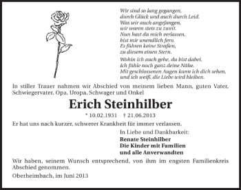 Traueranzeige von Erich Steinhilber 