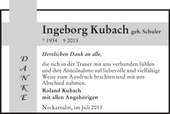 Traueranzeige von Ingeborg Kubach 