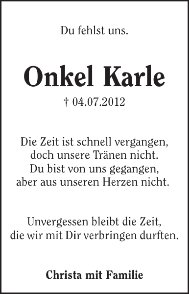  Traueranzeige für Onkel Karle vom 04.07.2013 aus 