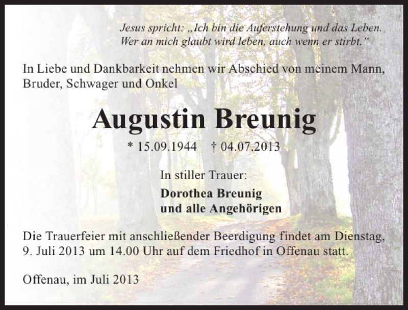  Traueranzeige für Augustin Breunig vom 06.07.2013 aus 