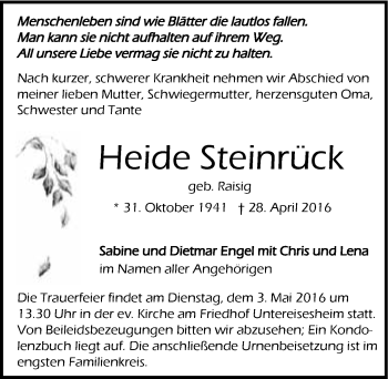 Traueranzeige von Heide Steinrück 