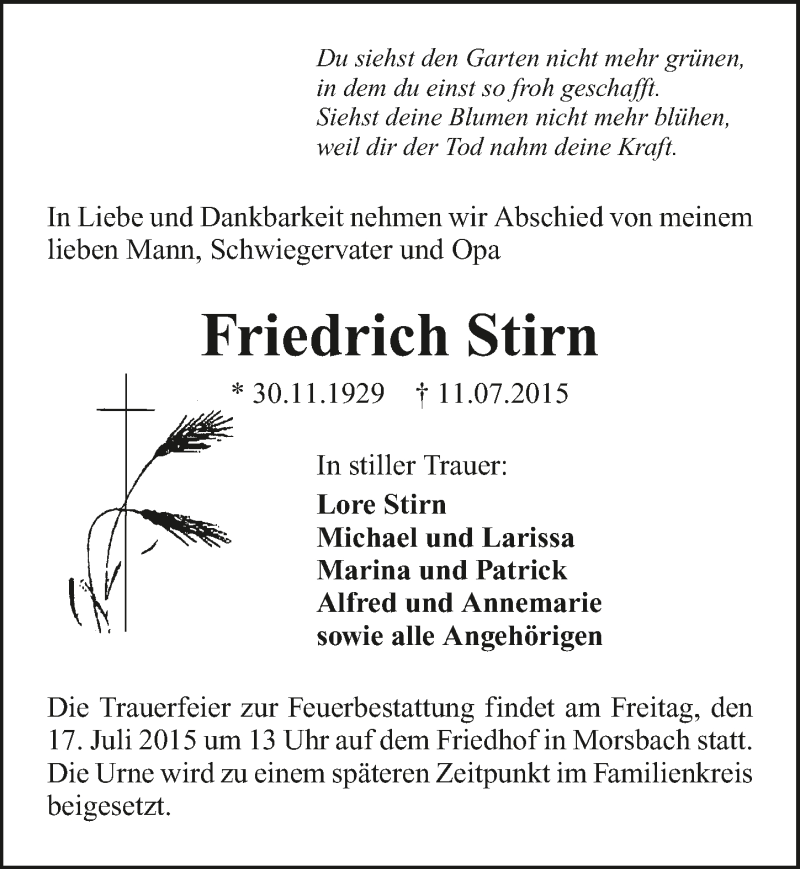  Traueranzeige für Friedrich Stirn vom 15.07.2015 aus 