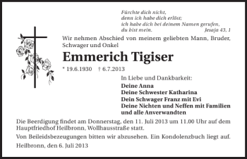 Traueranzeige von Emmerich Tigiser 