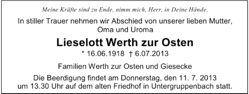  Traueranzeige für Lieselott Werth zu Osten vom 09.07.2013 aus 