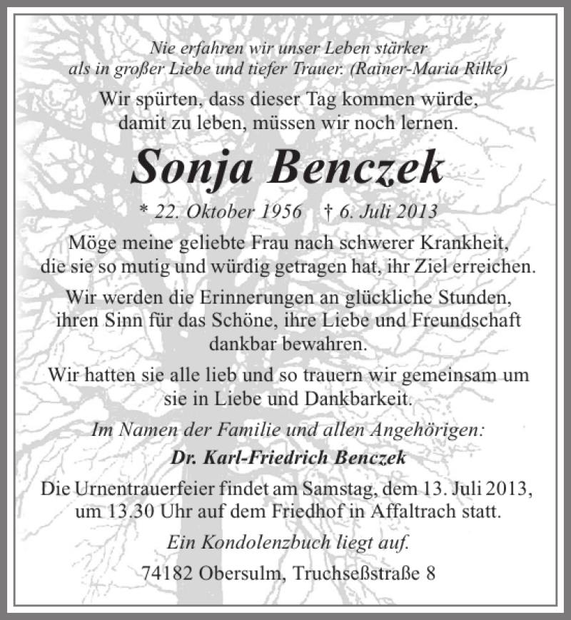  Traueranzeige für Sonja Benczek vom 09.07.2013 aus 