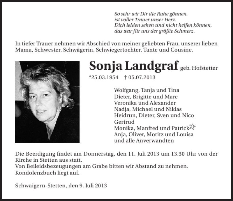  Traueranzeige für Sonja Landgraf vom 09.07.2013 aus 