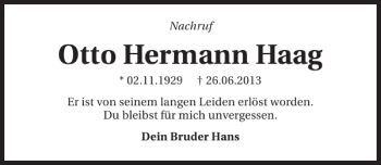 Traueranzeige von Otto Hermann Haag 